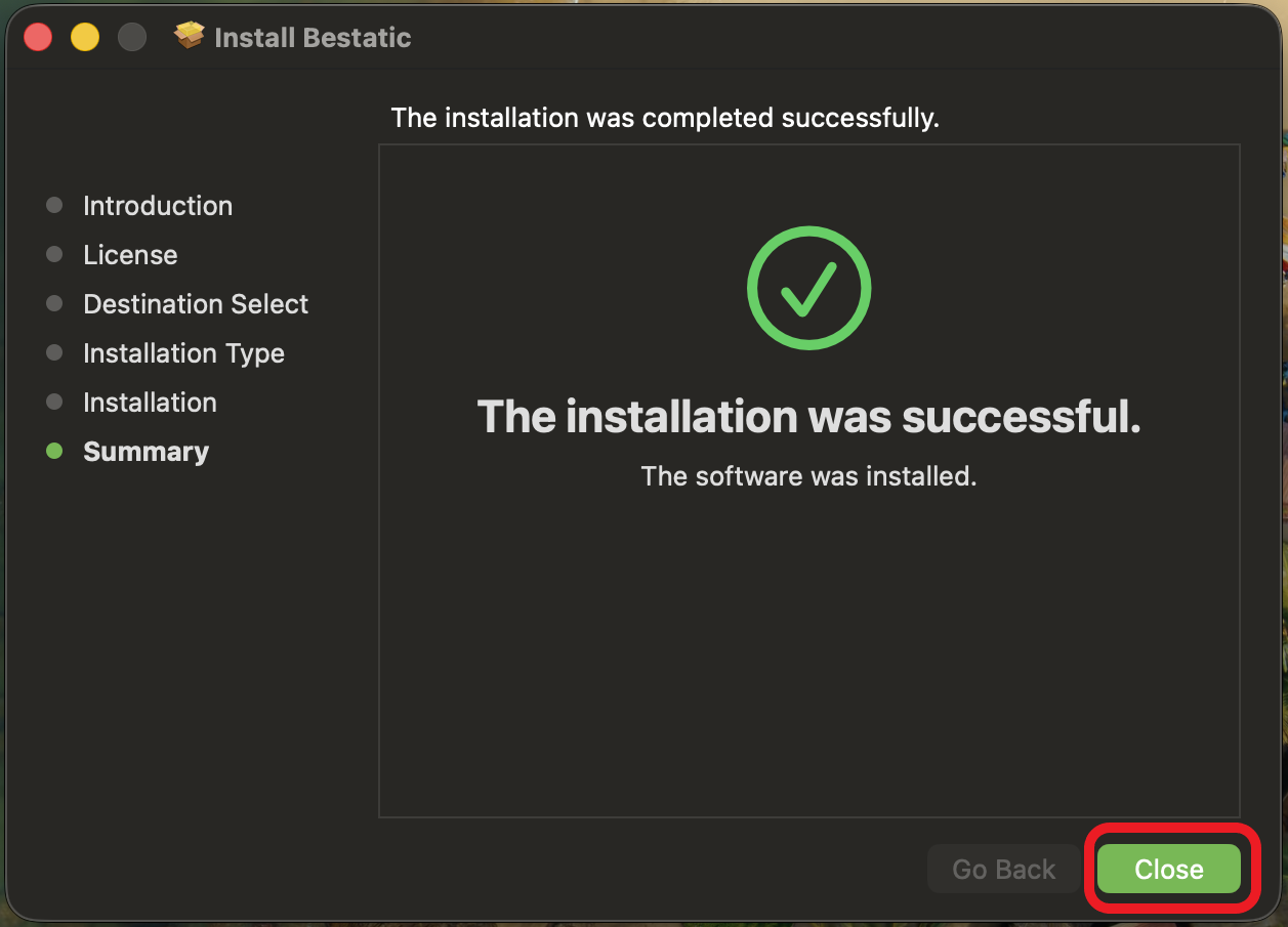 Bestatic installation macos pkg installer complete