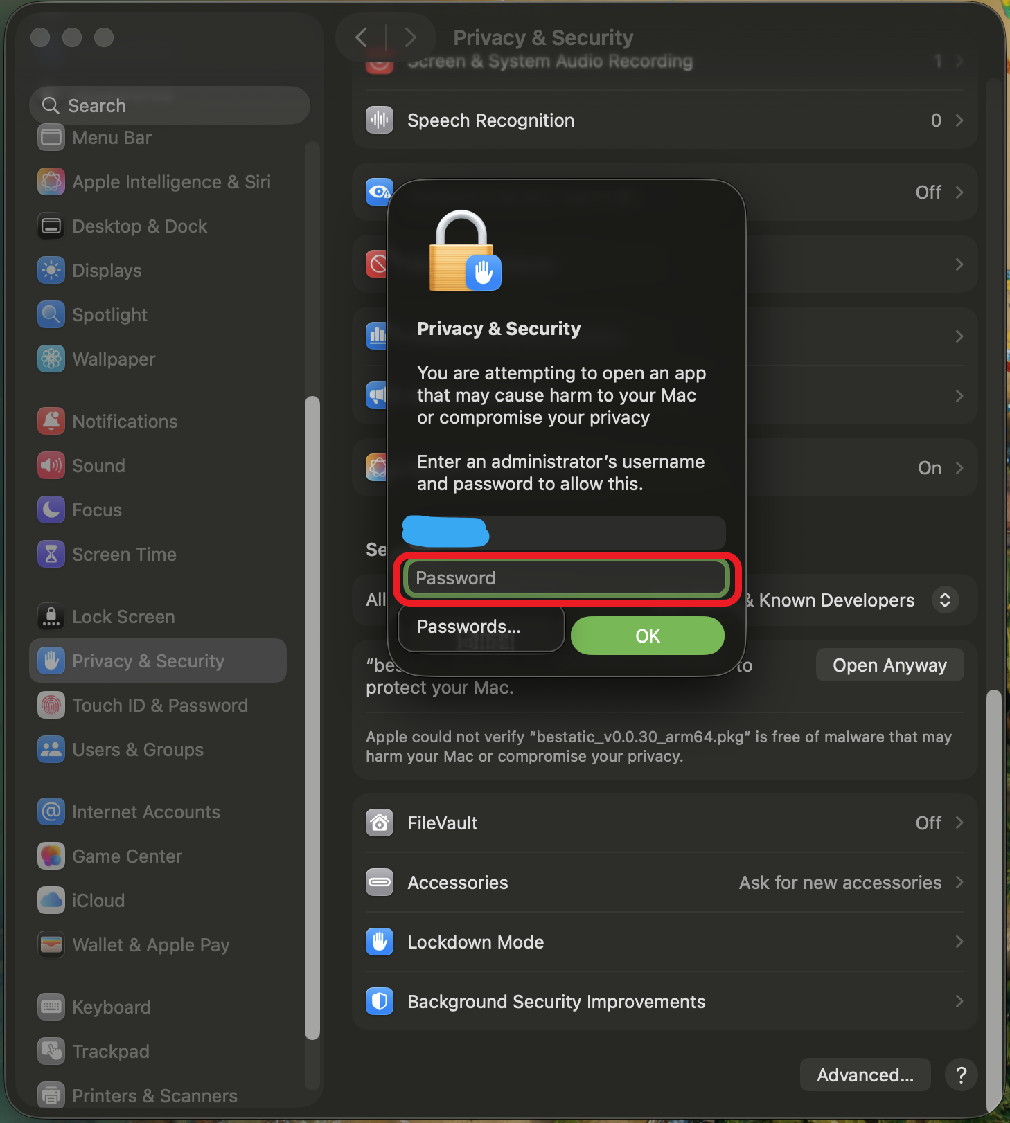 Bestatic installation macos password