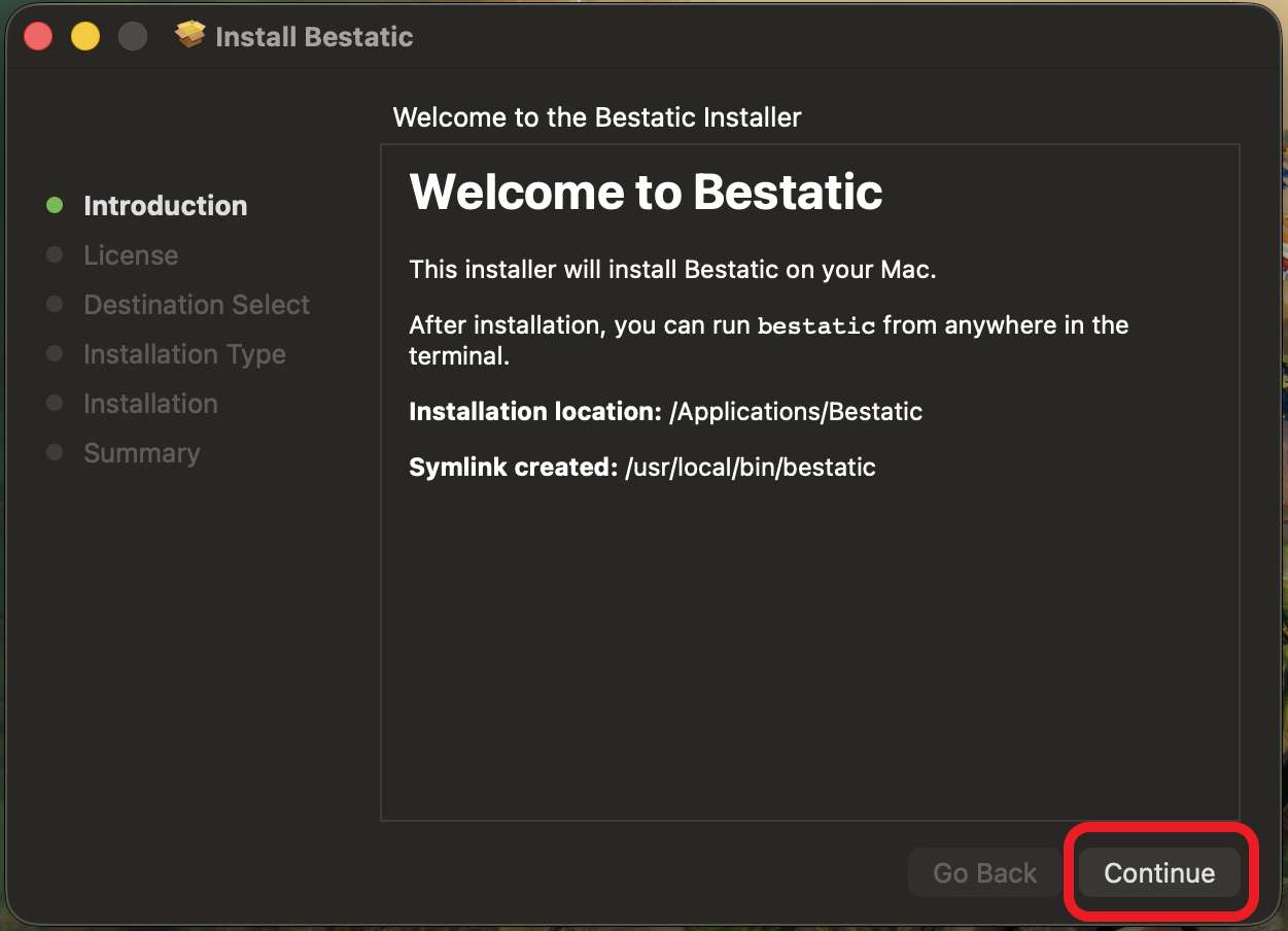 Bestatic installation macos pkg installer first page